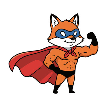 Friendly cartoon fox superhero wearing a blue mask and red cape standing in a triumphant pose isolated on a white background children character concept