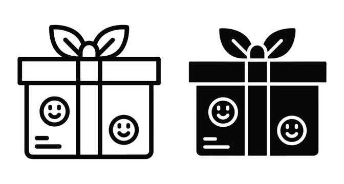Gift box icon set with smiley faces representing happy surprise present delivery for birthday celebration holiday reward and customer satisfaction