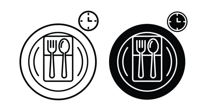 Intermittent fasting icon set showing plate with fork spoon and clock for meal timing diet schedule nutrition planning and healthy eating