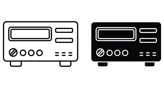 Radio transceiver icon set with outline and solid versions featuring display screen knobs and buttons for communication or laboratory equipment