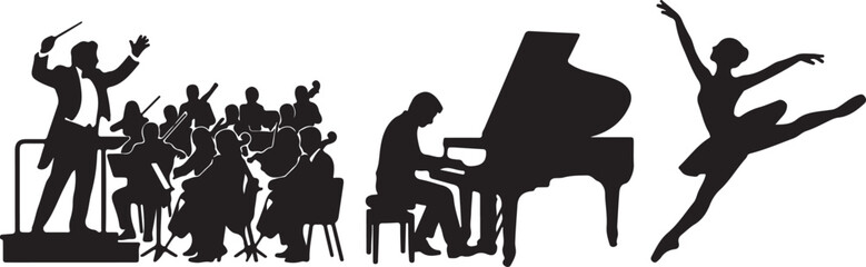 Elegant Silhouettes of Classical Performing Arts: Conductor, Symphony Orchestra, Grand Pianist, and Graceful Ballerina Dancer in Dynamic Poses Representing Music and Dance © mdsohrab