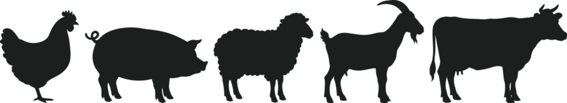 Five farm animals black silhouette icons set