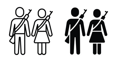 Fototapeta premium Soldier man and woman icons with rifles on back in outline and solid silhouette styles for military or defense concepts