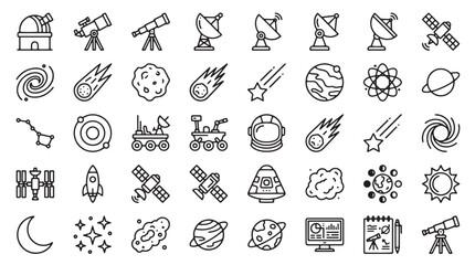 Obraz premium Space icons, astronomy symbols, 40 line icons set, black and white illustrations, space exploration graphics