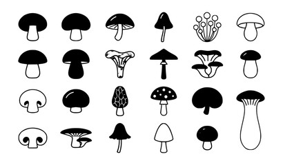 Mushroom Icon Collection with Different Edible Forest Fungi Black Silhouette and Outline Illustrations © Crafts Home