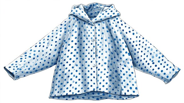 Raincoat with blue polka dots on white background
