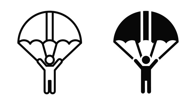 Parachute icon set showing a person skydiving in outline and solid black styles for extreme sports and adventure travel design