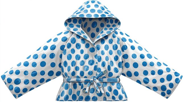 Raincoat with blue polka dots on white background
