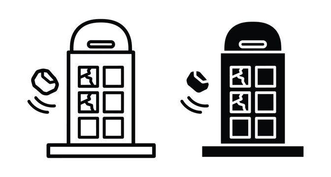 Vandalism icon showing a rock thrown at a telephone booth with broken glass windows in outline and solid black graphic styles