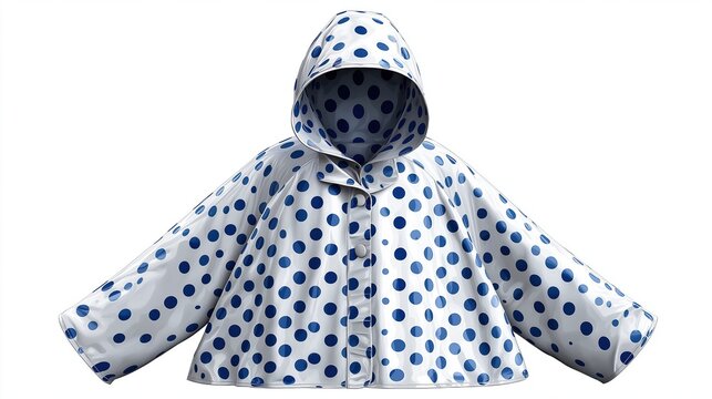 Raincoat with blue polka dots on white background
