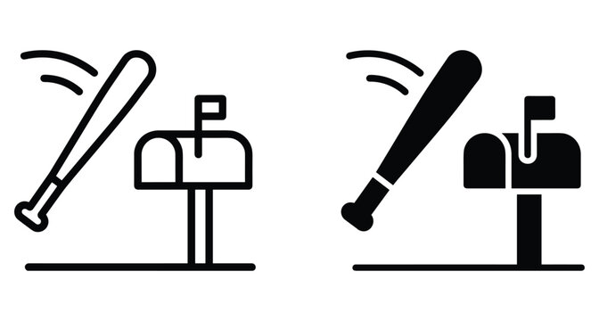 Baseball bat hitting a mailbox icon set representing vandalism property damage crime destruction and juvenile delinquency in outline and solid styles