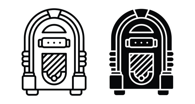 Retro jukebox icon set featuring classic music player designs in outline and solid black styles for vintage audio equipment representation
