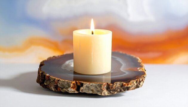 A lit beeswax candle glows softly on a slice of agate stone with a warm, blurred background