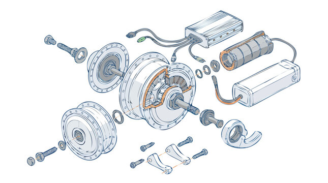 Exploded diagram illustrating the disassembled components of an electric bicycle's motor, battery, and control unit system