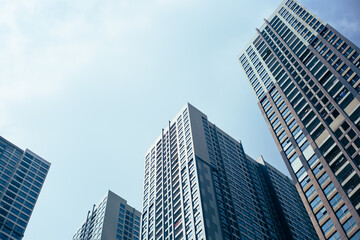 Fototapeta premium A low-angle view of modern skyscrapers reaching towards the blue sky in a financial district. urban city growth, contemporary real estate, corporate buildings.