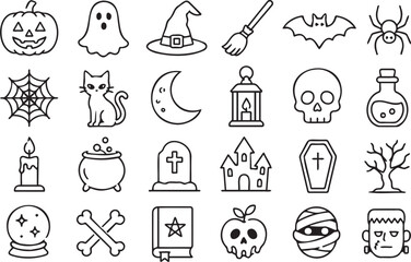 Fototapeta premium Comprehensive set of spooky halloween vector graphic icons featuring classic holiday symbols like pumpkins ghosts cats and haunted houses