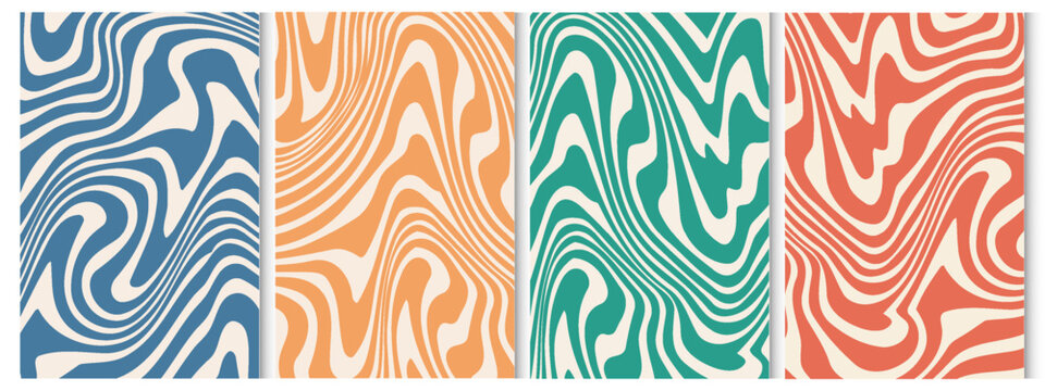 Abstract backgrounds with a rainbow wavy design in a retro 1970s hippie style. Twisted and distorted vector texture in trendy retro psychedelic style.
