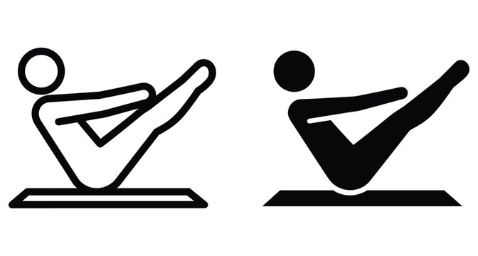 Yoga boat pose icon set showing person performing core abdominal exercise on mat for fitness wellness and healthy lifestyle training