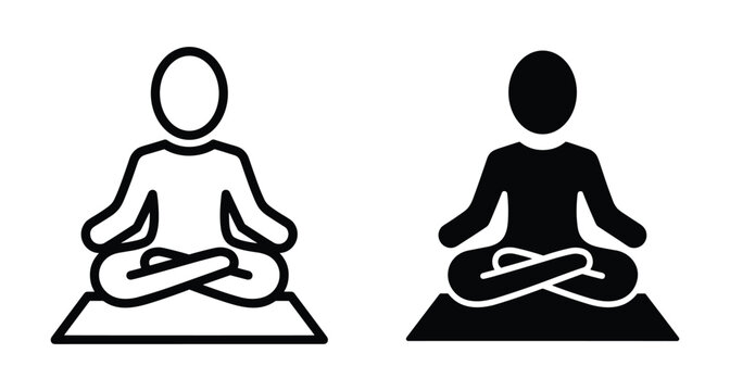 Yoga meditation icon set showing person in lotus pose sitting on mat for wellness health fitness mindfulness and zen practice design