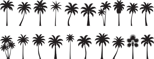 Set of black palm tree vector silhouettes displaying diverse tropical foliage shapes for creative graphic design projects and island themes © Monivara Creations
