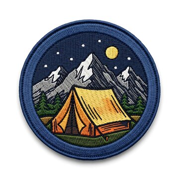 Camping tent patch with mountains and moon at night