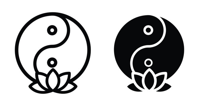 yin yang symbol with lotus flower icon set representing balance harmony zen meditation spiritual wellness yoga taoism buddhism philosophy peace