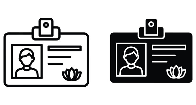 Identification card icon set featuring employee photo profile name details and lotus flower logo symbol for corporate business security access