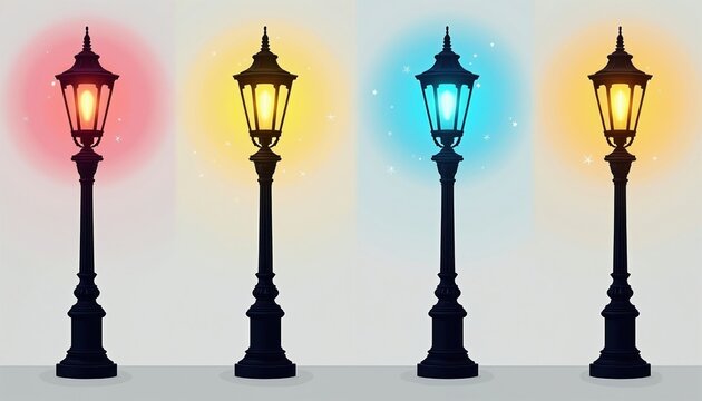 Four antique street lamps glow with different colored lights. The vintage lampposts are silhouetted against a light background. This graphic illustration features decorative lighting elements.