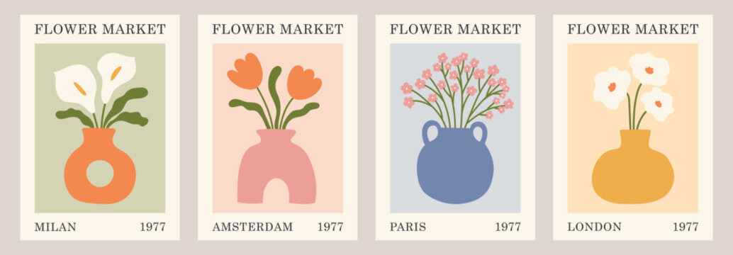 Retro flower market poster set with colorful vases and blooming bouquets. Minimal botanical wall art in pastel colors, inspired by vintage European floral prints and modern home decor