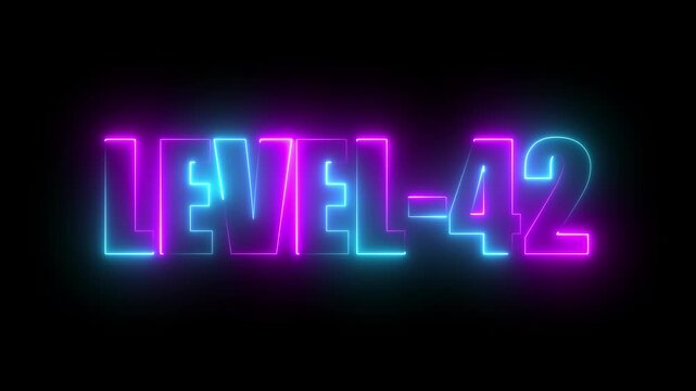 Level -42 neon bright text font, colorful motion animation. Ideal for futuristic game intros animation. Neon level 42 up sing on a black background.4k video.
