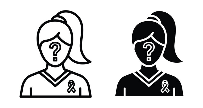 Woman icon with question mark face and awareness ribbon representing unknown patient identity missing person or health support awareness symbol