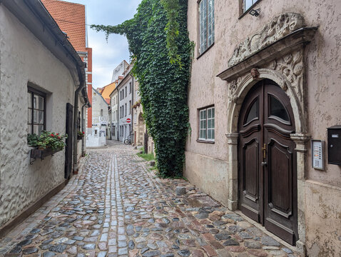 Old ancient Baroque stone portals of St Peter Church in Old  town of Riga, Latvia