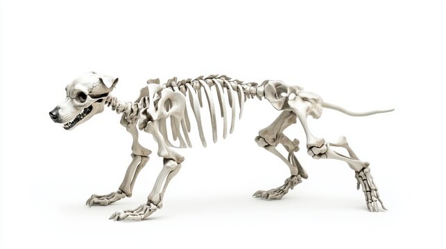 A detailed 3D render of a dog skeleton in a crouched position against a white background.