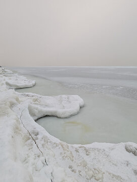 Winter Baltic Sea Ice Along the Coast with Big Ridges