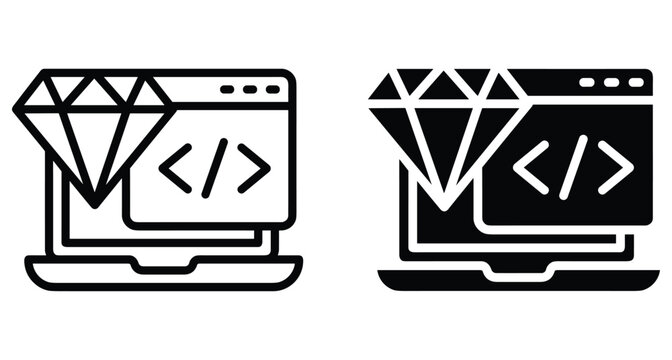 Laptop computer with diamond and coding window icon set representing high quality software development clean code and web programming services