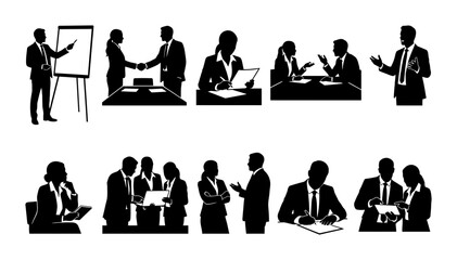 Fototapeta premium Business People Silhouette Collection Set of Professional Office Workers in Meeting and Presentation Poses