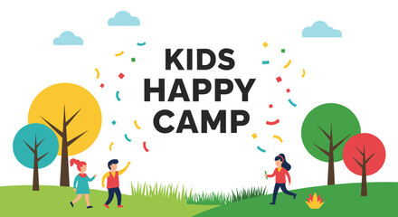 Naklejka premium Colorful banner for kids happy camp featuring children playing outdoors in green park with trees and celebration confetti.