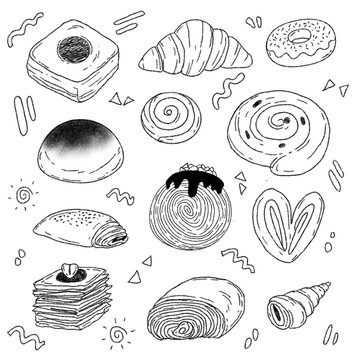Sweet pastry and bakery line art doodle collection 