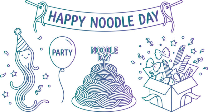 Happy noodle day celebration with party banner balloon cake noodles and gift box noodle themed party elements.