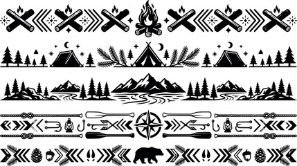 Set of seamless borders with camping and outdoor adventure elements, mountains, tents, campfires, compasses and forest transparent background © SampaRani