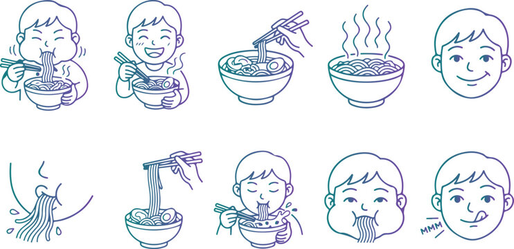 Set of people eating noodles with various expressions in line art style with gradient colors on transparent background.
