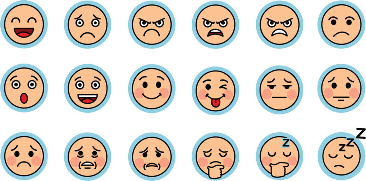 Cartoon emotion icon set with twenty expressive faces in grid layout, colorful round borders showing happiness, sadness, anger, surprise, confusion, sleepiness and more