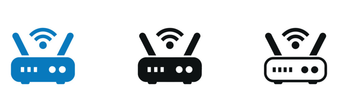 WiFi router icons featuring wireless internet modem devices with antennas in dual-tone blue, solid black, and outline styles for technology, networking, and UI vector graphics.