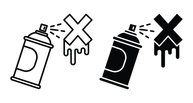 Spray paint can icon set with cross mark and dripping paint representing anti graffiti sign no vandalism and prohibited spraying symbol