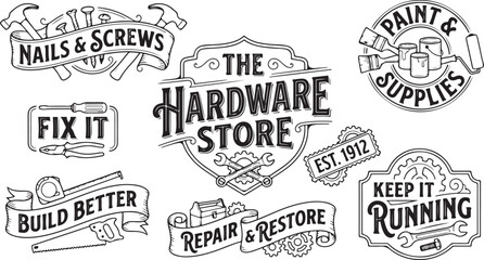 Fototapeta premium Hardware store signs and labels nails screws fix it build better repair restore keep it running paint supplies.