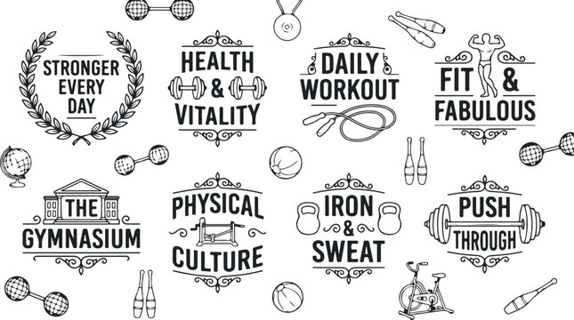 Gymnasium fitness equipment and motivation slogans for healthy lifestyle workouts.