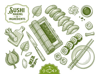 Delicious sushi ingredients and prepared rolls are arranged artfully on a platter ready for serving © Boob's