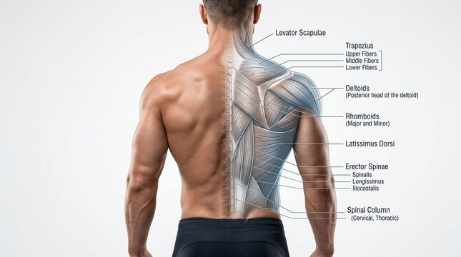 Human back muscle anatomy visualization showing muscle groups with physiology trapezius muscular education structure healthcare strength clinical training exercise