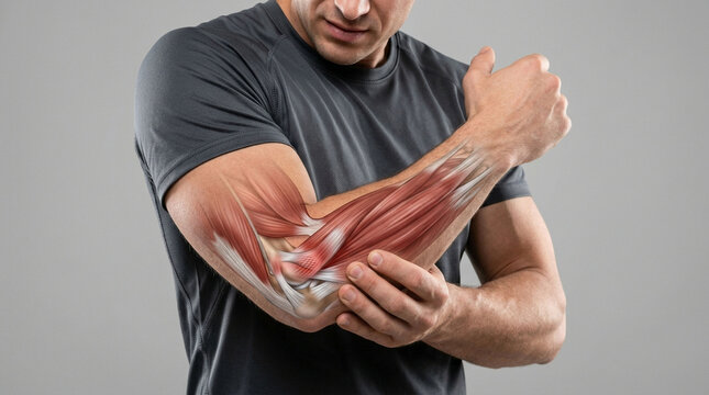 Anatomy of human arm muscles highlighting elbow joint with physiology structure education biological muscular clinical healthcare training