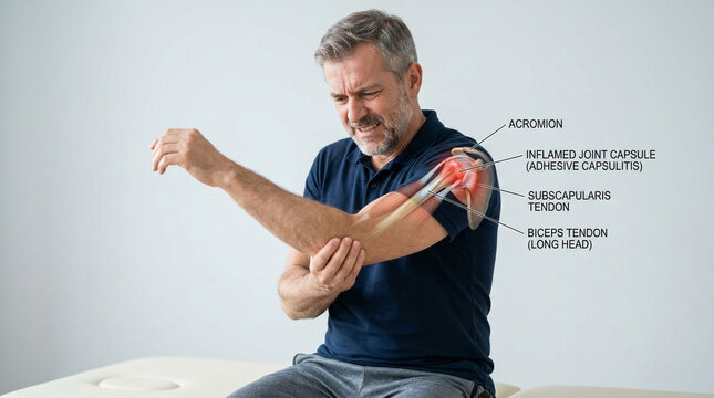 Man experiencing shoulder pain anatomy overlay with shoulder physiotherapy orthopedic healthcare inflammation soreness discomfort physical clinical treatment